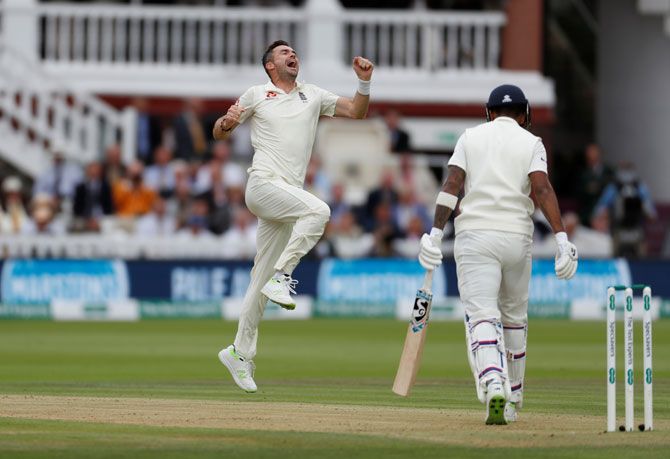 England's James Anderson celebrates after taking the wicket of India's KL Rahul on Day 2 of the 2nd Test at Lord's in London on Friday