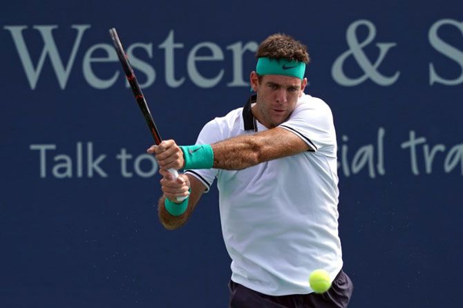 Juan Martin del Potro returns a shot against Chung Hyeon in the Western and Southern tennis open at Lindner Family Tennis Center at Mason, Ohio, on Thursday
