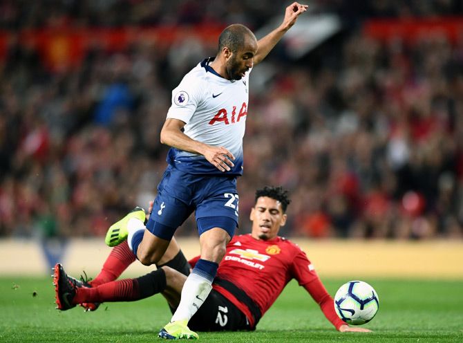Lucas Moura, who scored twice, runs past Manchester United's Chris Smalling to score Tottenham Spurs's second goal. ManU lost 3-0, August 28, 2018. Photograph: Clive Mason/Getty Images