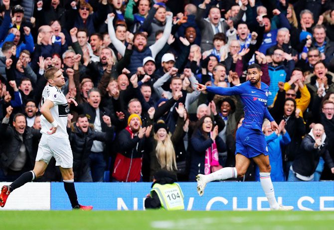 Chelsea's Ruben Loftus-Cheek celebrates scoring their second goal against Fulham at Stamford Bridge in Chelsea on Sunday