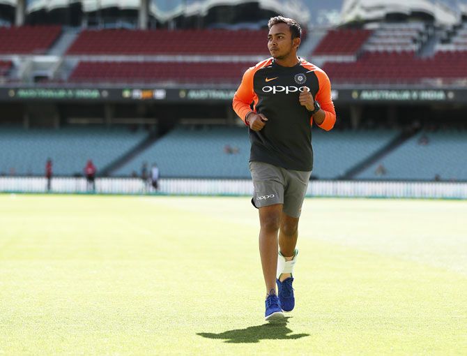 India's Prithvi Shaw jogs during Day 5 of the first Test match in the series between Australia and India at Adelaide Oval on Monday 