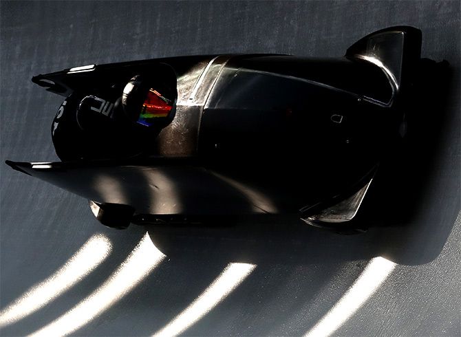 Members of the United States team in action during a Bobsleigh practice at Olympic Sliding Centre in Pyeongchang on Thursday