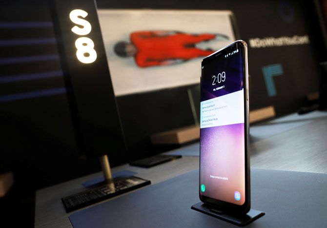 A Samsung Electronics' Galaxy S8 smartphone is seen on display at its booth in Pyeongchang, South Korea