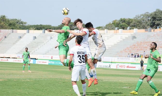 Action from the I-League match played between Chennai City FC and Shillong Lajong on Sunday