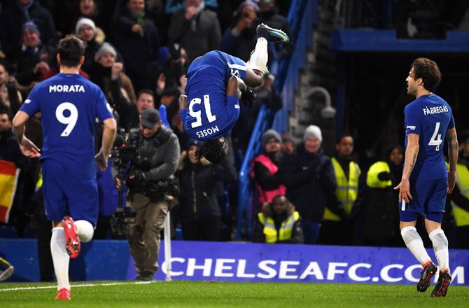 Chelsea's Victor Moses celebrates after scoring his side's second goal during their match against West Bromwich Albion at Stamford Bridge on Monday