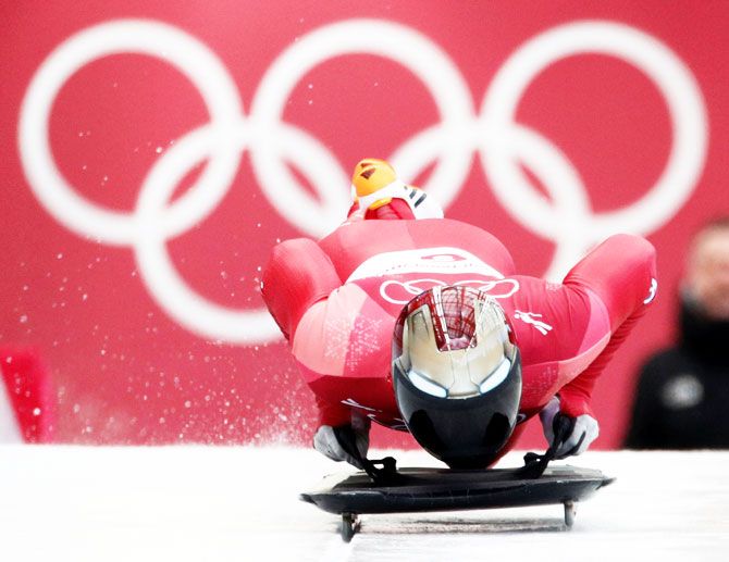 Yun Sung-bin of South Korea in action during the heat of the men's skeleton at Olympic Sliding Centre at the Winter Games on Thursday