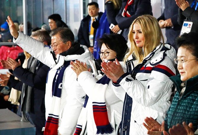 US President Donald Trump's daughter and senior White House adviser, Ivanka Trump, South Korean first lady Kim Jung-sook and South Korean President Moon Jae-in applaud during the closing ceremony