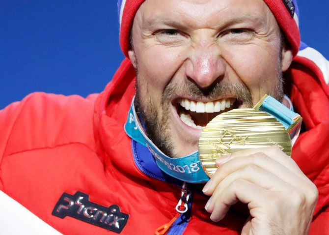 Norway's Aksel Lund Svindal wins the gold medal after winning gold in the Alpine Skiing Men's Downhill event on Feb 15