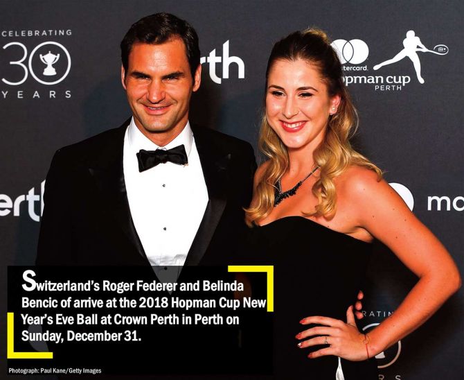 Switzerland’s Roger Federer and Belinda Bencic of arrive at the 2018 Hopman Cup New Year’s Eve Ball at Crown Perth in Perth on Sunday December 31