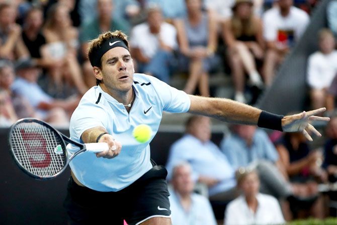 Argentina's Juan Martin Del Potro plays a forehand in his quarter-final against Russia's Karen Khachanov at the ASB Men's Classic at ASB Tennis Centre in Auckland on Thursday