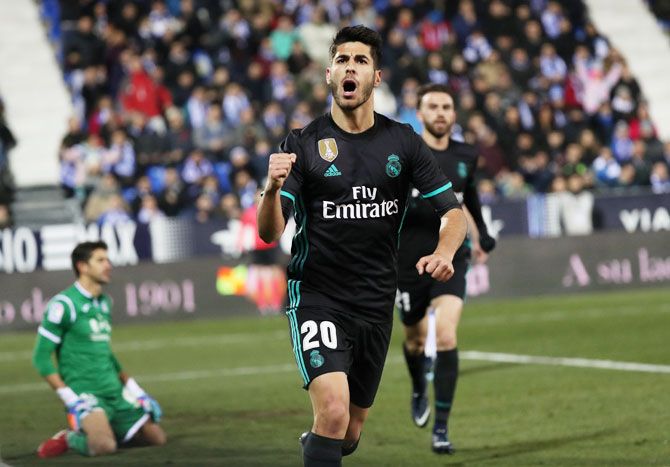 Real Madrid’s Marco Asensio celebrates scoring their first goal against Leganes during their King's Cup quarter-final, first leg match at Butarque Municipal Stadium, on Thursday