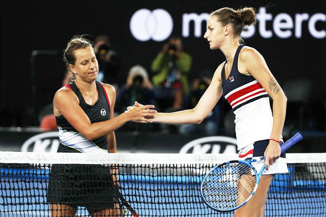Czech Republic's Karolina Pliskova shakes hands with compatriot Barbora Strycova after their match