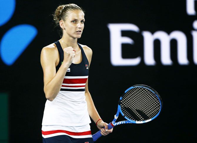 Czech Republic's Karolina Pliskova celebrates winning her match against compatriot Barbora Strycova in her fourth round match on Monday