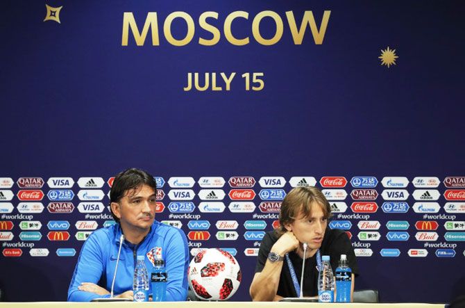 Croatia player Luka Modric and coach Zlatko Dalic attend a news conference on Saturday
