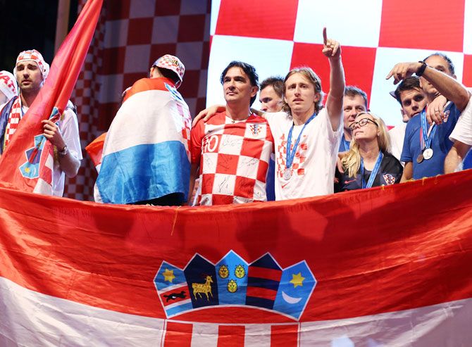 Croatia coach Zlatko Dalic and Luka Modric on stage during celebrations