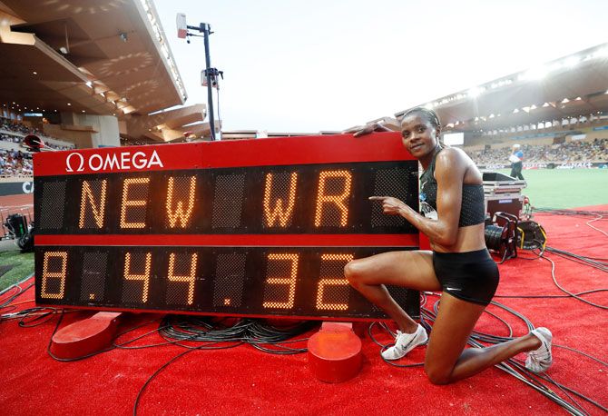 Kenya's Beatrice Chepkoech celebrates winning and in the process setting a new Women's 3000m Steeplechase World Record at the Diamond League in Monaco at Stade Louis II, on Saturday
