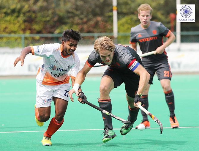 Action from the hockey match between India and The Netherlands at the U-23 Five Nations Tourney in Antwerp