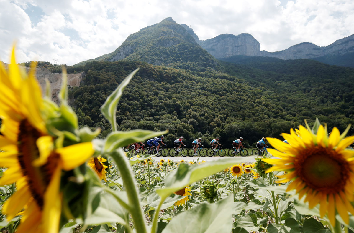 The peloton in action at the 169.5-km Stage 13 from Bourg d'Oisans to Valence on July 20