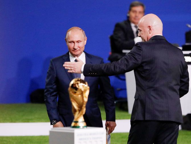 FIFA President Gianni Infantino (right) and Russian President Vladimir Putin attend the 68th FIFA Congress in Moscow, Russia on Wednesday