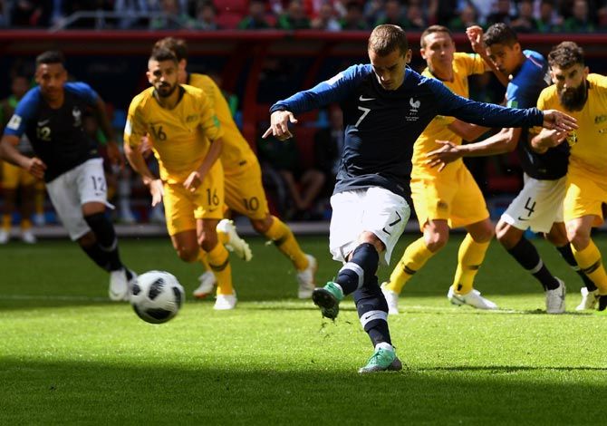 Antoine Griezmann scores France's opening goal from the penalty spot