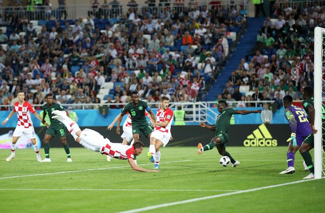 Nigeria's Oghenekaro Etebo scores an own goal as Croatia register their first goal during the 2018 FIFA World Cup group D match at Kaliningrad Stadium in Kaliningrad, on Saturday