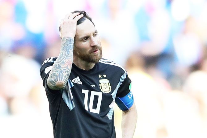 Argentina's Lionel Messi wears a dejected look during the match against Iceland