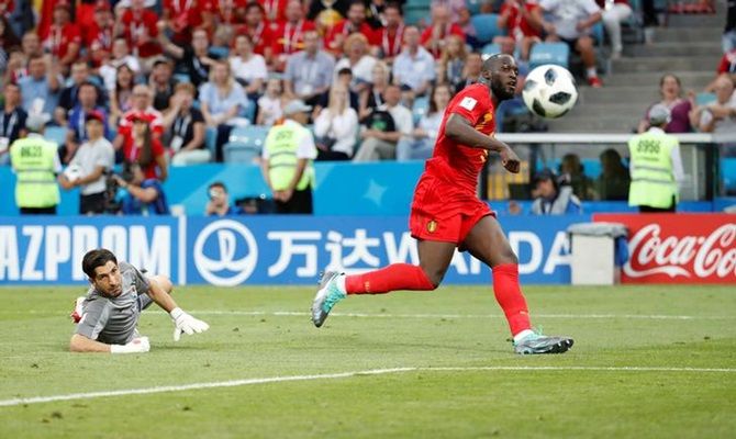 Romelu Lukaku scores Belgium's third goal in the Group G match against Panama at Fisht Stadium, in Sochi, Russia, on Monday