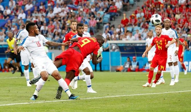 Romelu Lukaku scores Belgium's second goal.