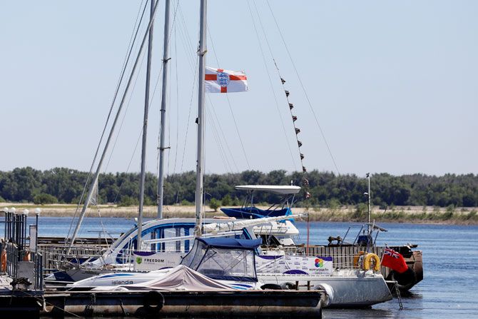 English soccer fan Graham Kentsley's boat is seen in a pier in Volgograd, Russia on Monday