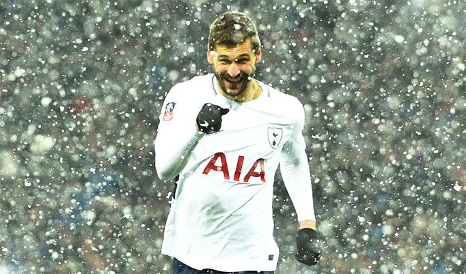 Tottenhma Hotspur's Fernando Llorente celebrates his hat-trick against Rochdal during their FA Cup fifth round tie on Wednesday