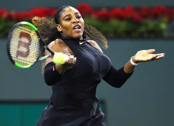 Serena Williams in action during her first round match against Zarina Diyas at the BNP Paribas Open at the Indian Wells Tennis Garden in Indian Wells, California, on Thursday