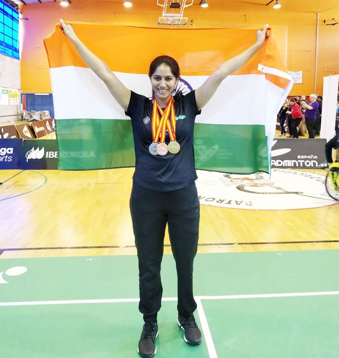 India's para badminton champion, Manasi Joshi shows off her medals at the Para Badminton International in Mallorca, Spain on Sunday