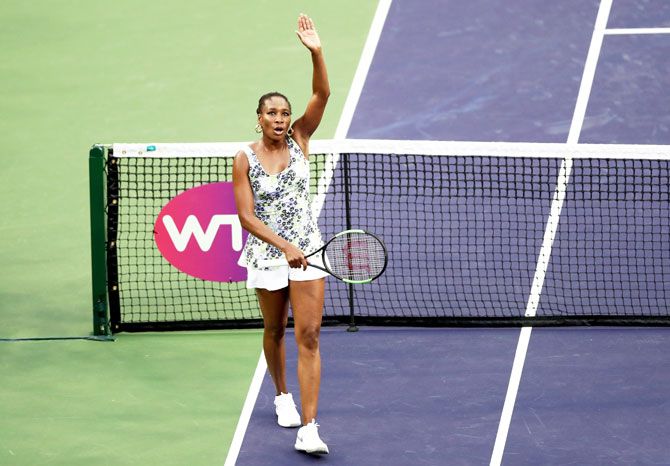 USA's Venus Williams celebrates her win over Latvia's Anastasija Sevastova