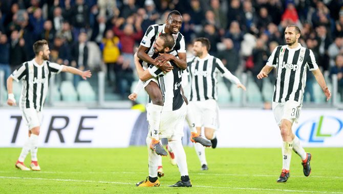 Juventus’ Blaise Matuidi celebrates with teammates after scoring their second goal against Atalanta during their Serie A match in Turin on Wednesday 