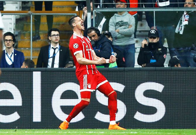 Bayern Munich’s Sandro Wagner celebrates scoring their third goal 