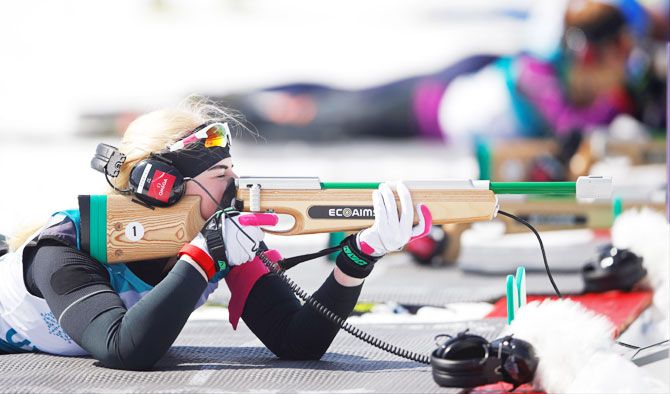 Russia's Ekaterina Moshkovskaia in action in the women's 6km visually impaired Biathlon