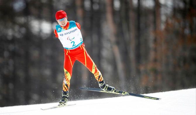 China's Chenyang Wang competes in the men's 20km cross-country skiing at the Pyeongchang Winter Paralympics