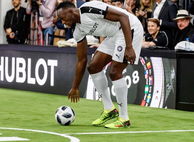 Usain Bolt in action during the Match of Friendship in Basel, Switzerland