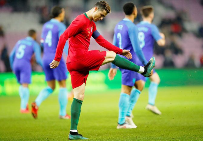 Portugal's Cristiano Ronaldo cuts a frustrated figure during their international friendly against Netherlands at the Stade de Geneve, in Geneva on Monday