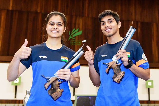 Manu Bhaker and Anmol after their mixed air pistol gold at the ISSF Junior World Cup on Tuesday