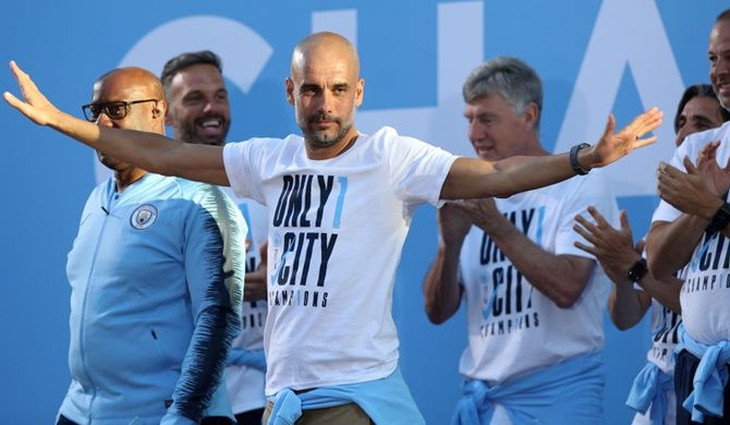 Manchester City Manager Pep Guardiola at the title parade on Tuesday