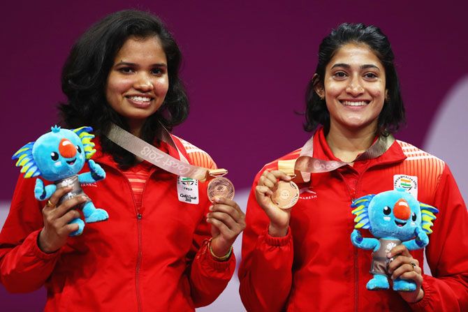 cwg bronze medalists N Sikki Reddy (left) and Ashwini Ponnappa on Day 11 of the Gold Coast 2018 Commonwealth Games at Carrara Sports and Leisure Centre on April 15, 2018