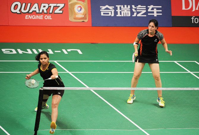 Pradnya Gadre and Sikki N. Reddy of India compete during the 2015 Total BWF World Championship at Istora Senayan on August 12, 2015 in Jakarta, Indonesia. 