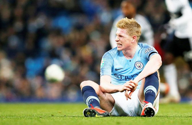Manchester City's Kevin De Bruyne reacts after sustaining an injury against Fulham in the League Cup match on Thursday