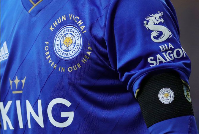 A Leicester City player is seen wearing a arm band in memory of Vichai Srivaddhanaprabha during the Premier League match between Leicester City and Burnley FC on Saturday