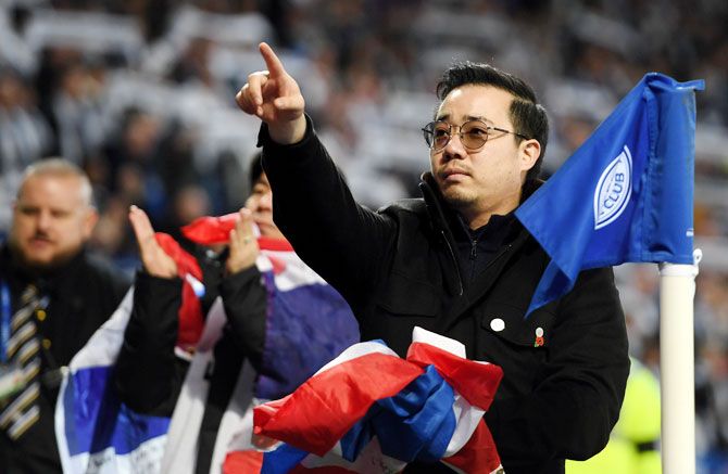 Aiyawatt Srivaddhanaprabha, son of Leicester City chairman, Vichai Srivaddhanaprabha, shows appreciation to the fans after the Premier League match between Leicester City and Burnley FC at The King Power Stadium in Leicester on Saturday