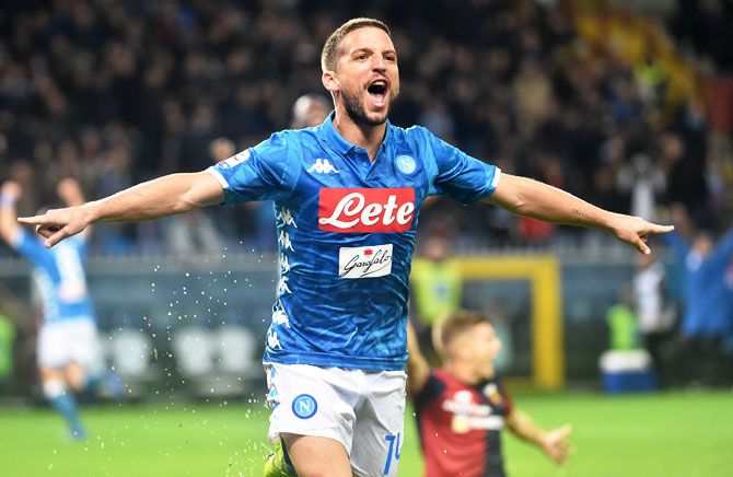 Napoli's Dries Mertes celebrates after scoring against Genoa during the Serie A match at Stadio Luigi Ferraris in Genoa on Saturday