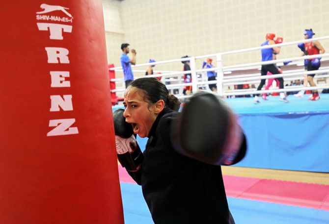 France's Amina Zidani trains during her practice session ahead on Monday