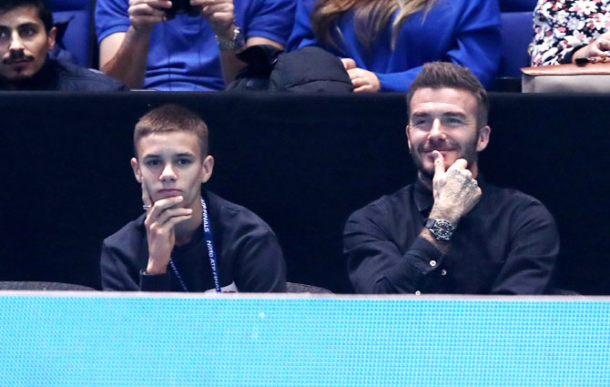 David Beckham and his son, Romeo Beckham watch the ATP Tour Finals title match on Sunday