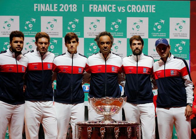 France captain Yannick Noah poses with Jo-Wilfried Tsonga, Jeremy Chardy, Lucas Pouille, Pierre-Hugues Herbert and Nicolas Mahut during the Davis Cup draw press conference on Thursday